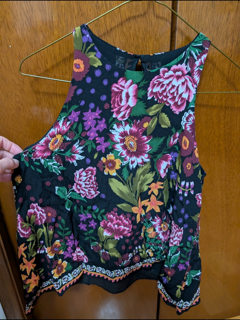 Zara Black Floral Sleeveless Camisole with Pink & Green Accents